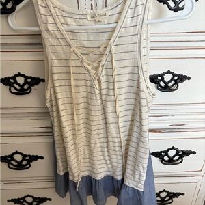 Hem & Thread Anthropologie Cream and Blue Striped Lace-Up Tank Top Size L